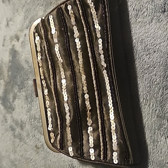 The Gap Black Satin & Silver Sequin Clutch, Push-n-Pull Silvertone Clasp Closure - Picture 8 of 8